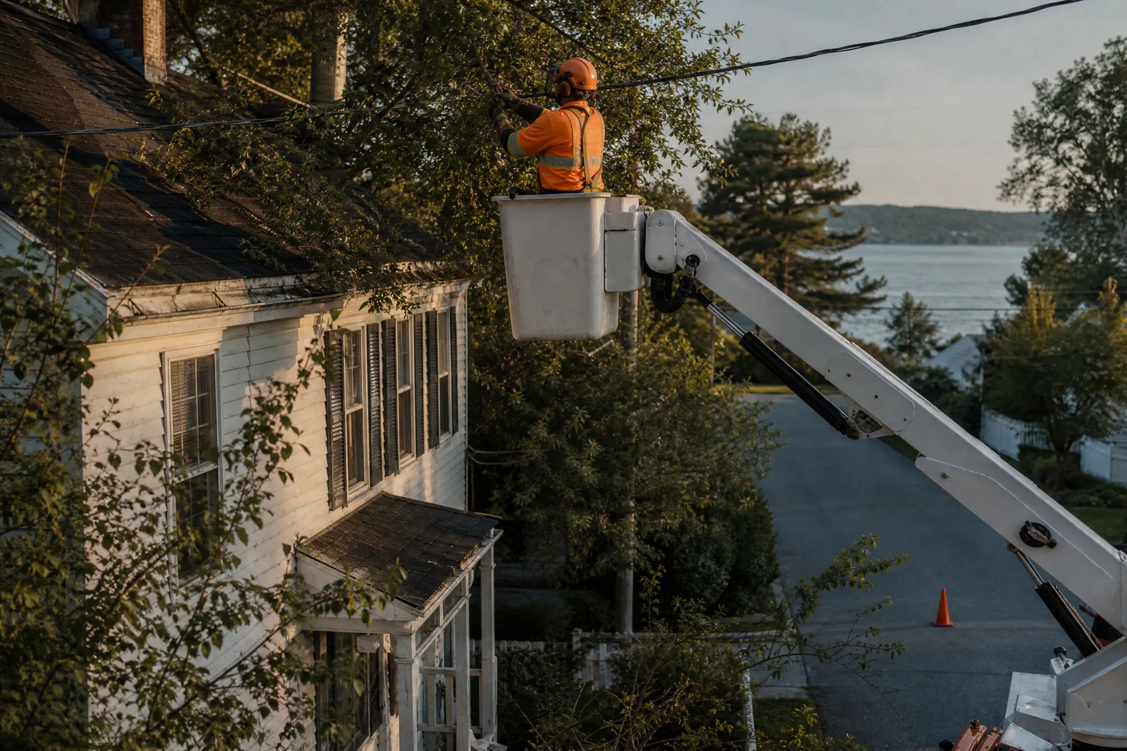 Bucket-truck arborist pruning limbs away from the roofline and service lines of an older New England home