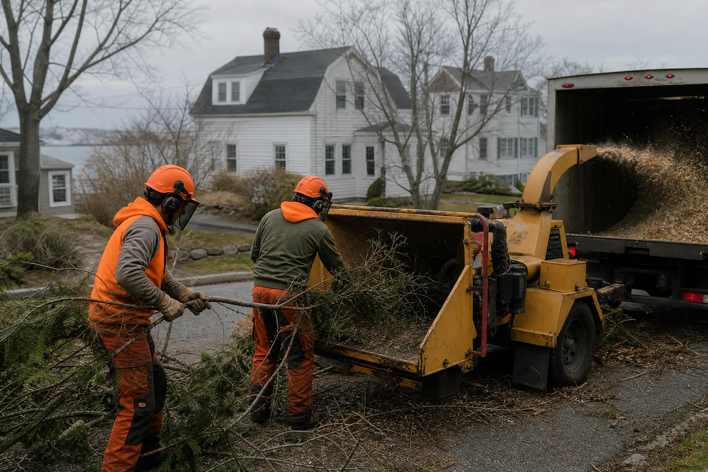 Two crew members in helmets and high-visibility gear feeding branches into a wood chipper on a residential street