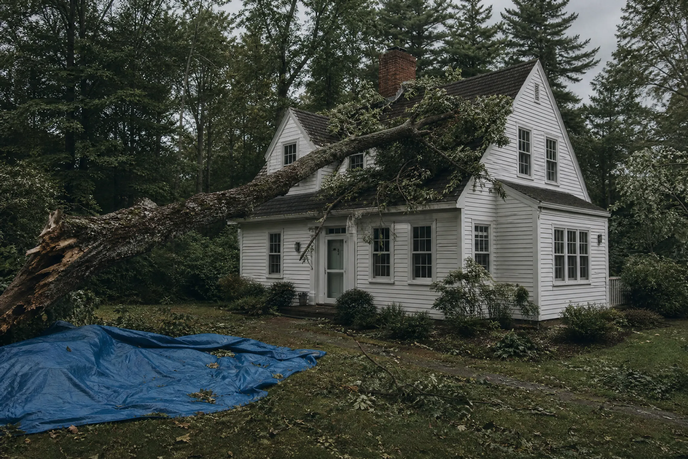 Storm-snapped tree resting across the roof corner of a white clapboard Maine home, blue tarp staged on the lawn