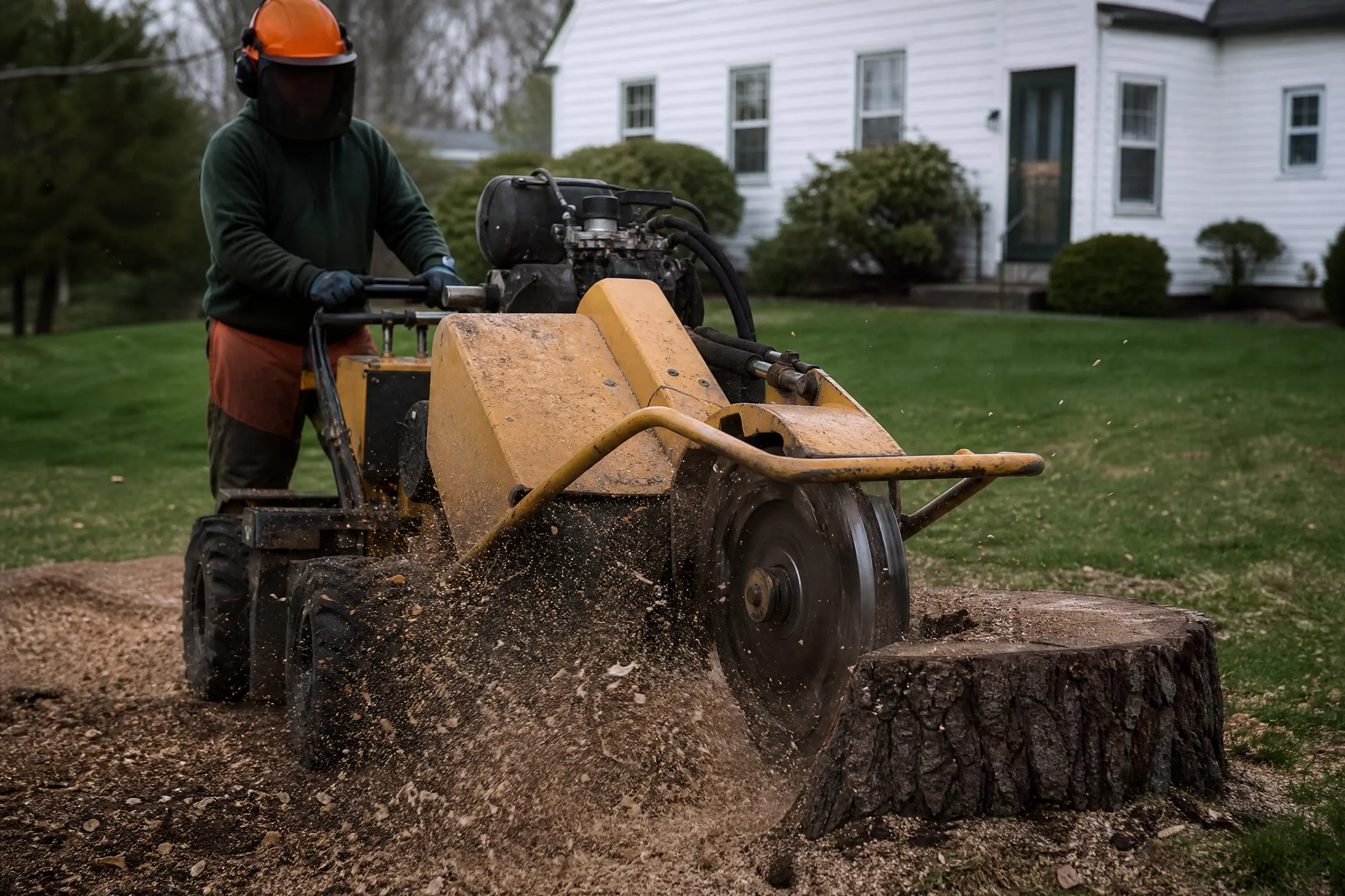 Stump grinder wheel mid-cut with wood chips flying, operator in helmet and face screen working behind the machine